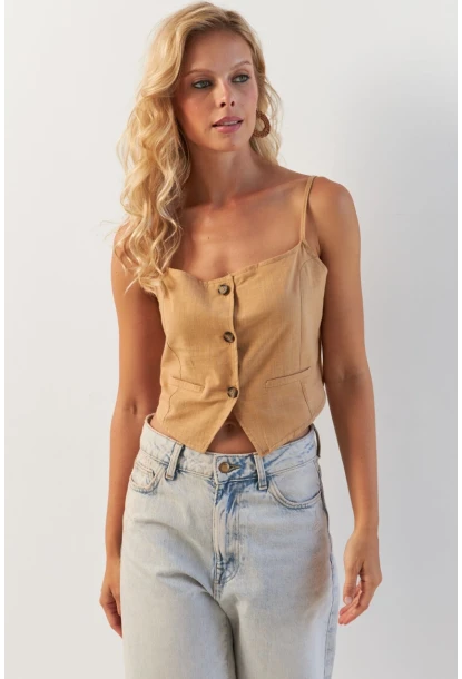 Kadın Camel Düğmeli İp Askılı Yelek MP20153