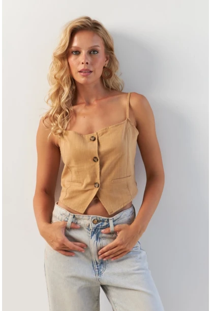 Kadın Camel Düğmeli İp Askılı Yelek MP20153