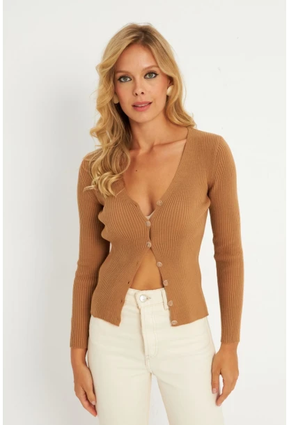 Kadın Camel Düğmeli Triko Bluz YV94