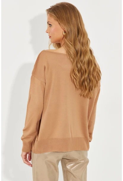 Kadın Camel Düşük Omuz Triko Bluz YZ617