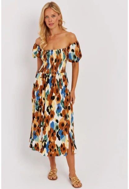 Kadın Camel Gipeli Desenli Midi Elbise MON126