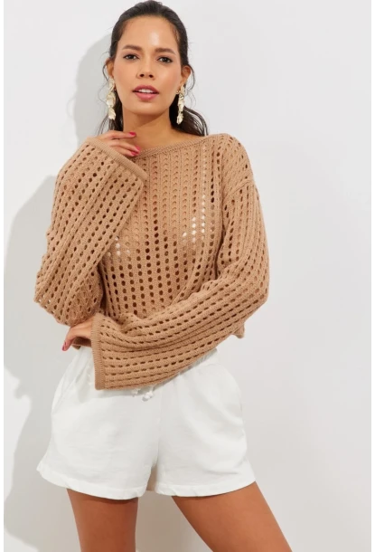 Kadın Camel İspanyol Kol Ajurlu Triko Kısa Bluz SMT181