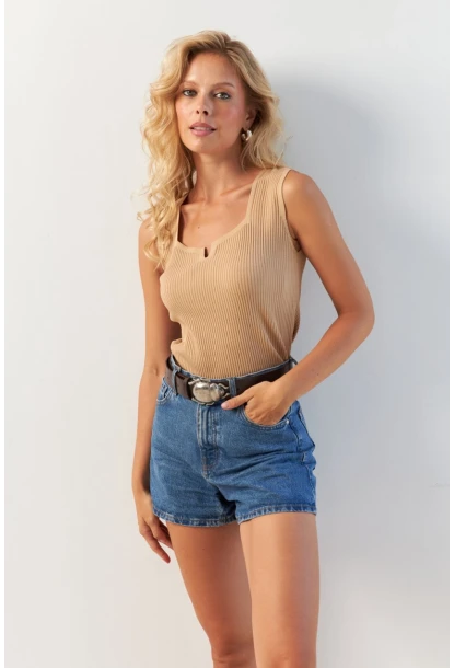 Kadın Camel Kare Yaka Triko Bluz SMT243