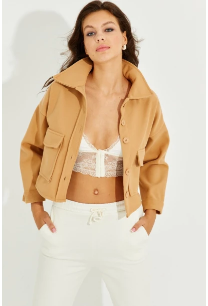 Kadın Camel Kaşe Cepli Kısa Ceket PP2444