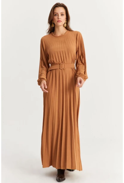 Kadın Camel Kemerli Plili Maxi Elbise ALZ500