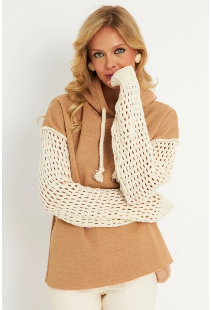 Kadın Camel Kolları Ajurlu Kapüşonlu Sweatshirt YLE12
