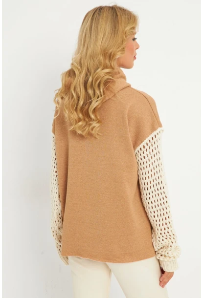 Kadın Camel Kolları Ajurlu Kapüşonlu Sweatshirt YLE12