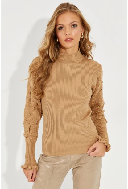 Kadın Camel Kolları Ajurlu Triko Bluz SMT218