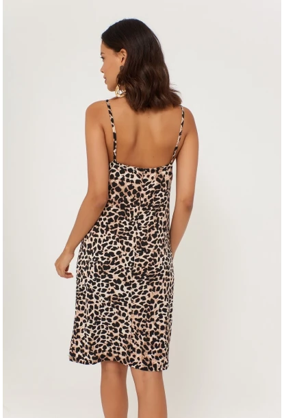 Kadın Camel Leopar Desenli Degaje Yaka Elbise LPP1130