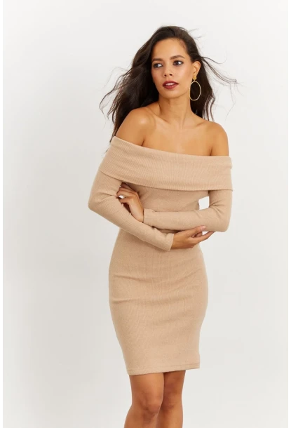 Kadın Camel Madonna Yaka Kaşkorse Elbise CG272