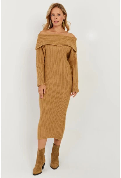 Kadın Camel Madonna Yaka Triko Midi Elbise KZ2503