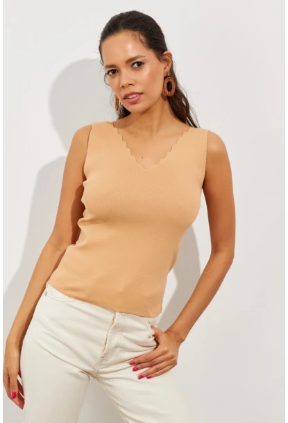 Kadın Camel Merdiven Yaka Triko Bluz YV83