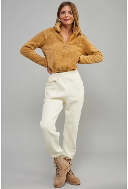 Kadın Camel Önü Fermuarlı Crop Peluş Sweatshirt DA85