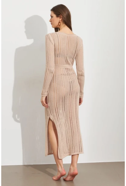 Kadın Camel Önü Pencereli Ajurlu Plaj Elbisesi KZ545