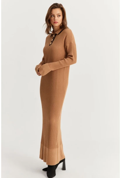 Kadın Camel Polo Yaka Triko Maxi Elbise MNUV17