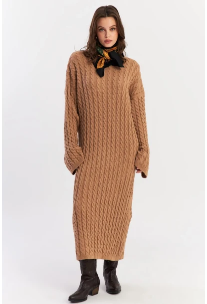 Kadın Camel Saç Örgülü Triko Midi Elbise KZ541