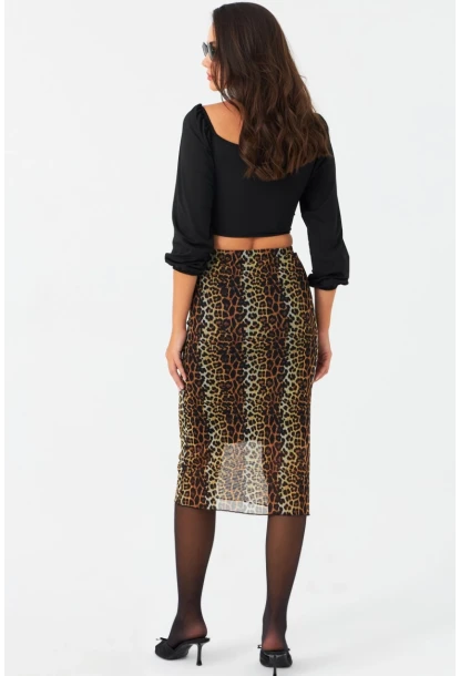 Kadın Camel-Siyah Astarlı Desenli Tül Etek CG391
