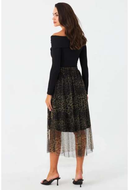 Kadın Camel-Siyah Astarlı Tül Leopar Etek SF2553