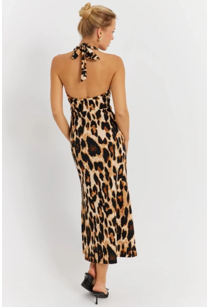 Kadın Camel-Siyah Boyun Bağlamalı Leopar Desenli Midi Elbise EY2897