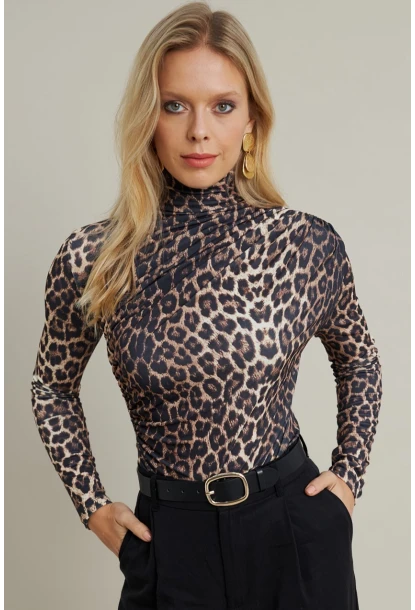 Kadın Camel-Siyah Büzgülü Desenli Bluz MDMR358-1