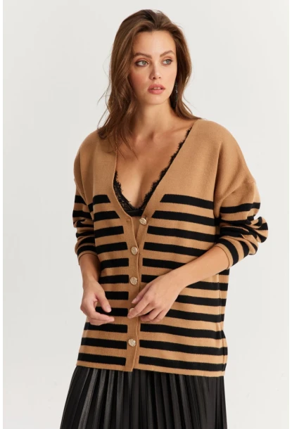 Kadın Camel-Siyah Çizgili Triko Hırka CNG3