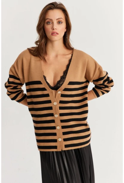 Kadın Camel-Siyah Çizgili Triko Hırka CNG3