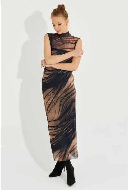 Kadın Camel-Siyah Desenli Maxi Tül Elbise RMZ21181