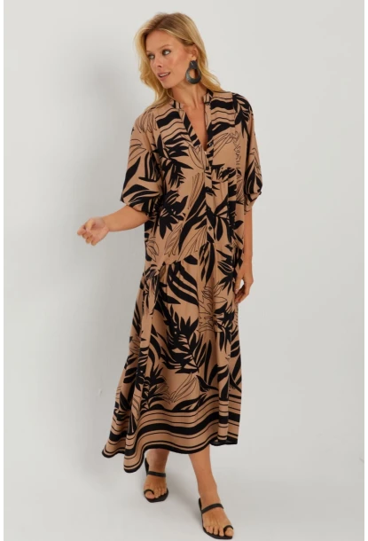 Kadın Camel-Siyah Desenli Salaş Maxi Elbise GÇ166