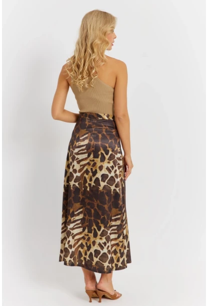 Kadın Camel-Siyah Desenli Saten Etek KED170
