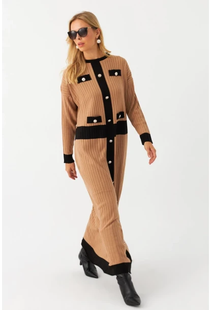 Kadın Camel-Siyah Düğme Detaylı Maxi Elbise MTC3201