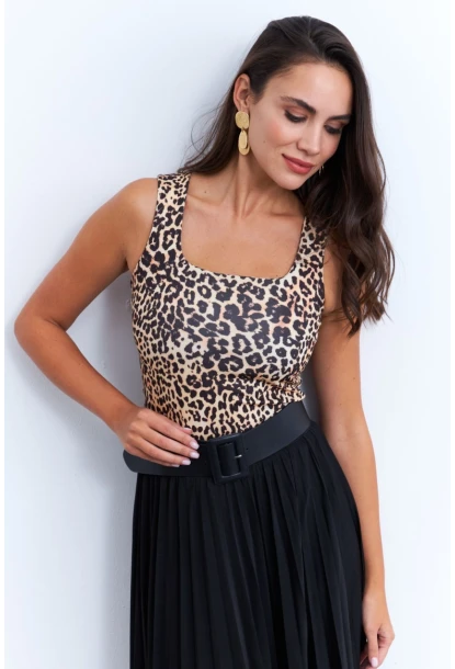 Kadın Camel-Siyah Kare Yaka Leopar Bluz RLO87