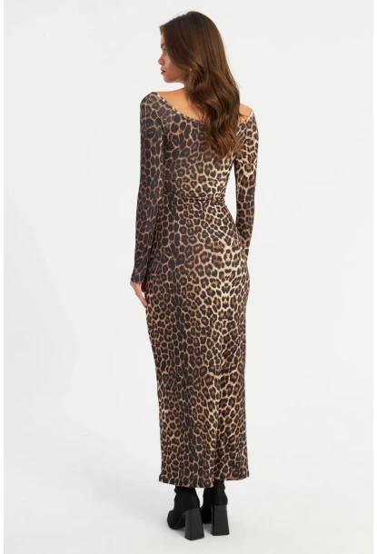 Kadın Camel-Siyah Kruvaze Leopar Maxi Elbise LİK11