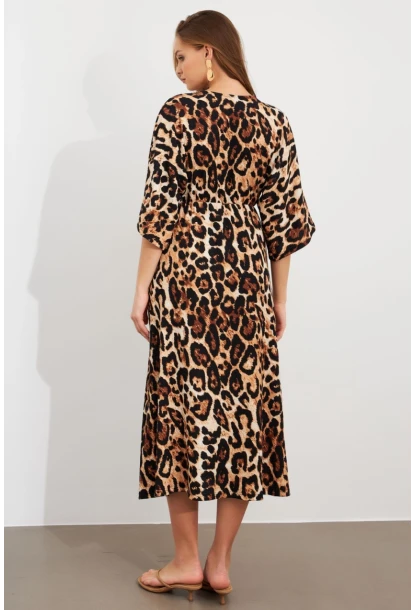 Kadın Camel-Siyah Kruvaze Leopar Midi Elbise KAB306