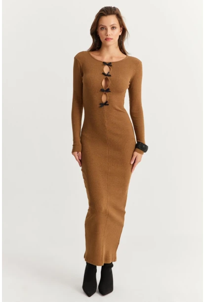 Kadın Camel-Siyah Kurdele Detaylı Kaşkorse Maxi Yılbaşı Elbise XL2043