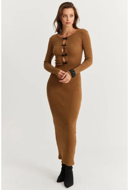 Kadın Camel-Siyah Kurdele Detaylı Kaşkorse Maxi Yılbaşı Elbise XL2043