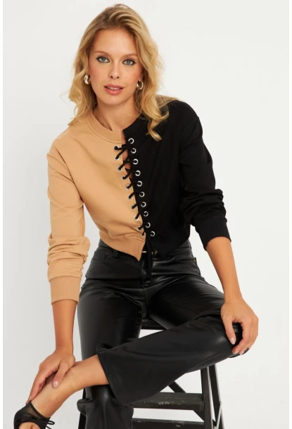 Kadın Camel-Siyah Kuşgözlü Kısa Sweatshirt TF02