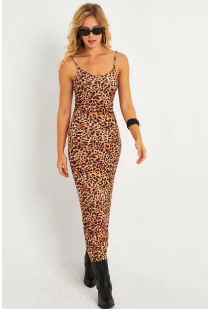 Kadın Camel-Siyah Leopar Askılı Maxi Yılbaşı Elbise GÇ184