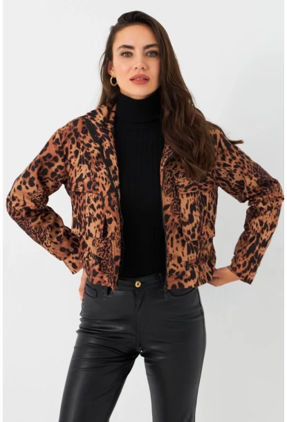 Kadın Camel-Siyah Leopar Crop Ceket ELT1001