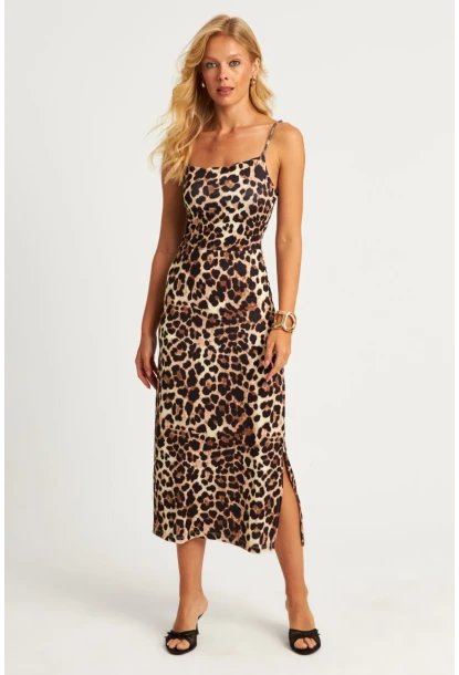 Kadın Camel-Siyah Leopar Desenli Astarlı Midi Elbise HC1540