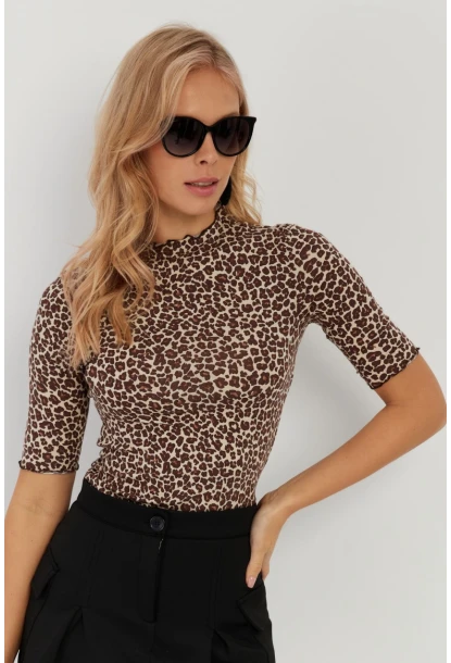 Kadın Camel-Siyah Leopar Desenli Bluz LPP1264