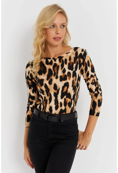Kadın Camel-Siyah Leopar Desenli Bürümcük Bluz EY2894