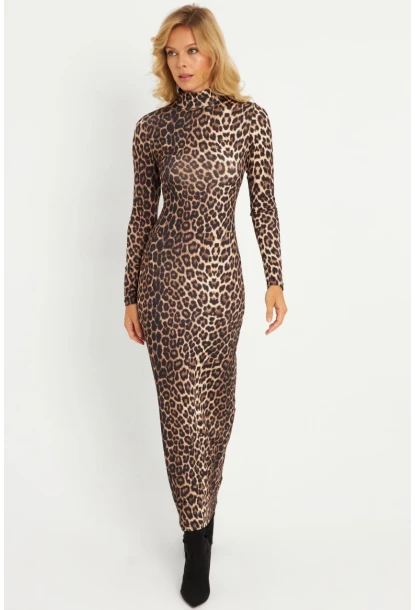 Kadın Camel-Siyah Leopar Desenli Maxi Yılbaşı Elbise LİK07