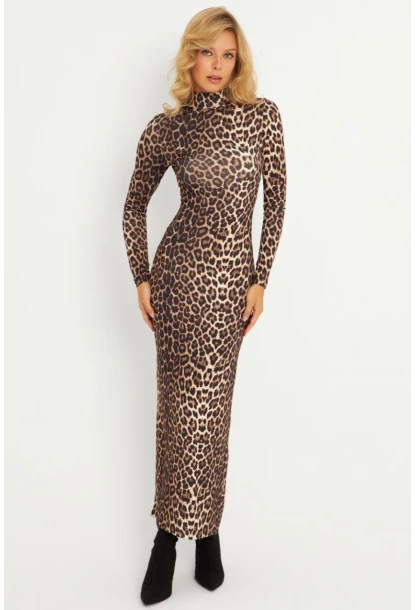Kadın Camel-Siyah Leopar Desenli Maxi Yılbaşı Elbise LİK07