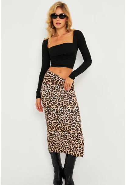 Kadın Camel-Siyah Leopar Desenli Midi Etek YLE21