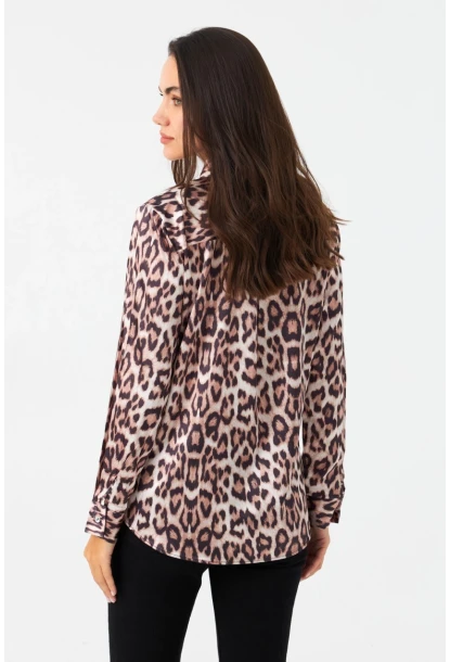 Kadın Camel-Siyah Leopar Desenli Saten Gömlek MRAD5901-1