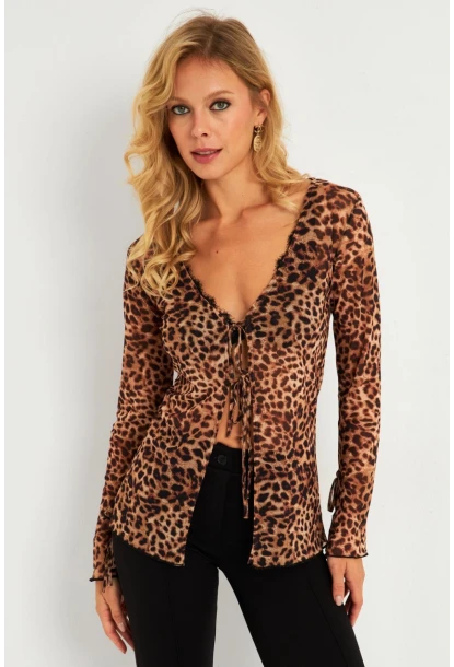 Kadın Camel-Siyah Leopar Desenli Tül  Bluz GÇ175