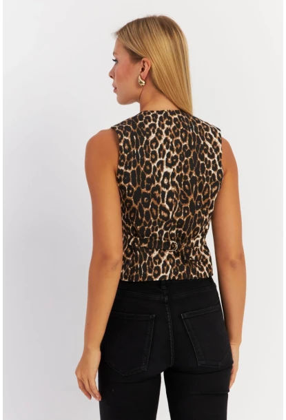 Kadın Camel-Siyah Leopar Yelek TW21
