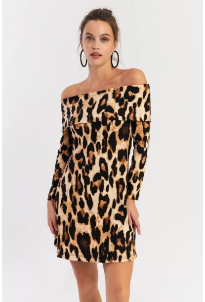 Kadın Camel-Siyah Madonna Yaka Leopar Mini Elbise EY2915