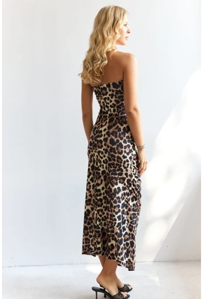 Kadın Camel-Siyah Önü Büzgülü Leopar Midi Elbise HC1591