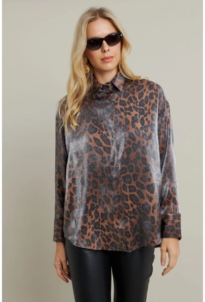 Kadın Camel-Siyah Parlak Leopar Salaş Gömlek MMİW1000